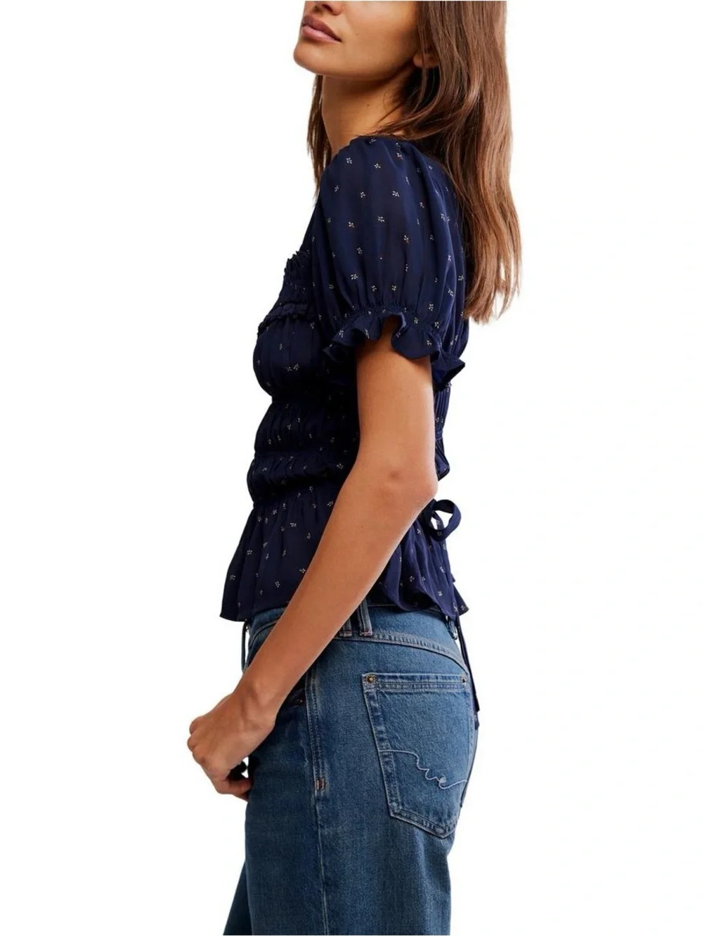 Free People Adore You Blouse Peacoat Combo Smocked Puff Sleeve NWT S